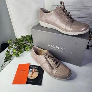 Vionic Women's Abigail Leather Rose Gold Metallic Casual and Fashion Sneakers